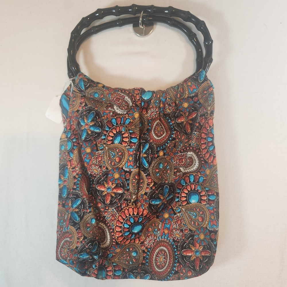 Handmade Boho Paisley Jewel Print Handbag‎ with Black Faux Bamboo turquoise